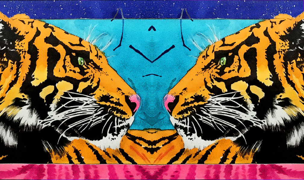 Drawing of two colorful tigers facing each other in mirror image, thinking.